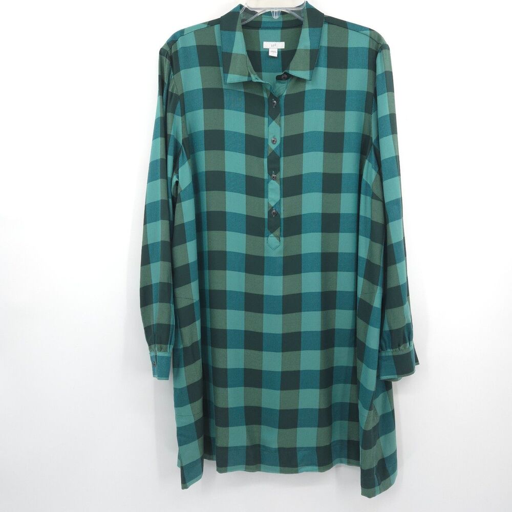 J.‎ Jill plaid shirt dress Size L green long sleeve pockets